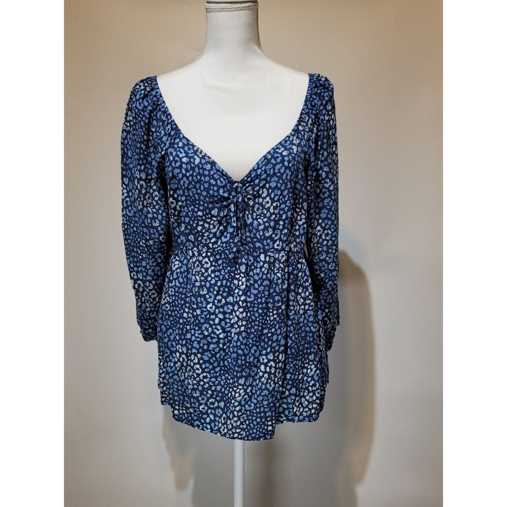 Cato Blue Animal Print Smocked Tie-Front Tunic Blouse Women's Size Large